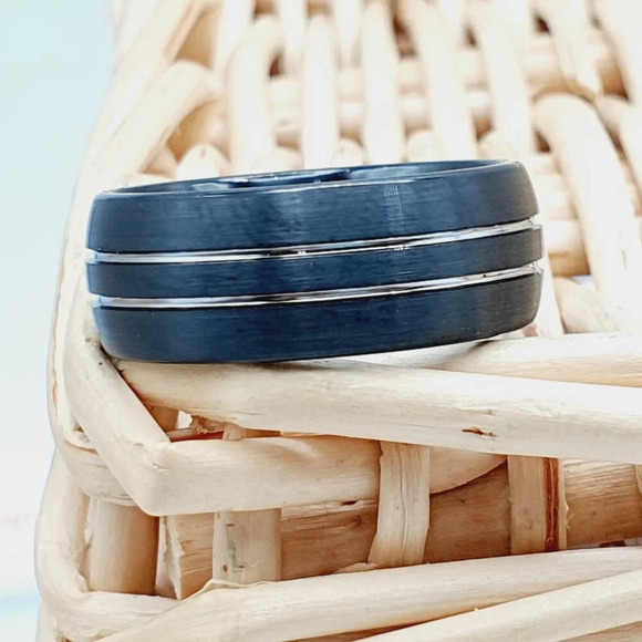 "Couble Groove Design Black Tungsten Wedding Band, GALTUN945 - Picture 3 of 4